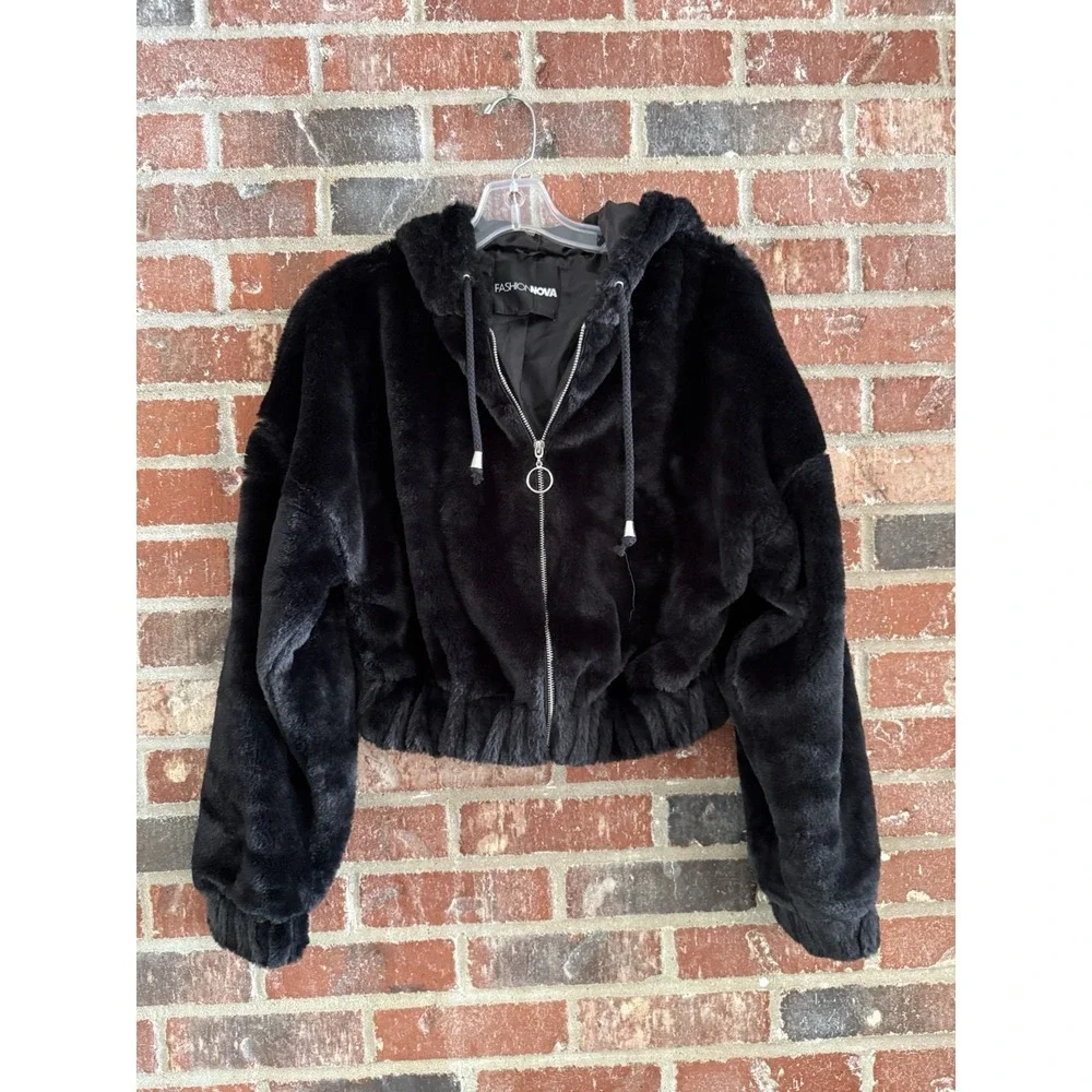 Fashion Nova‎ Womens Faux Fur Velvet Oversized Bomber Zip Jacket Black Medium